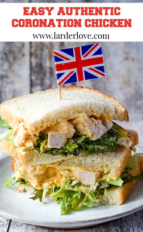 a sandwich with chicken and lettuce on it is shown in the foreground text reads easy authentic coronation chicken