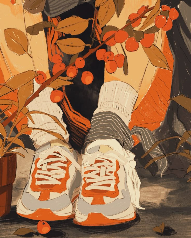 a painting of someone's feet with orange and grey sneakers on them, surrounded by leaves