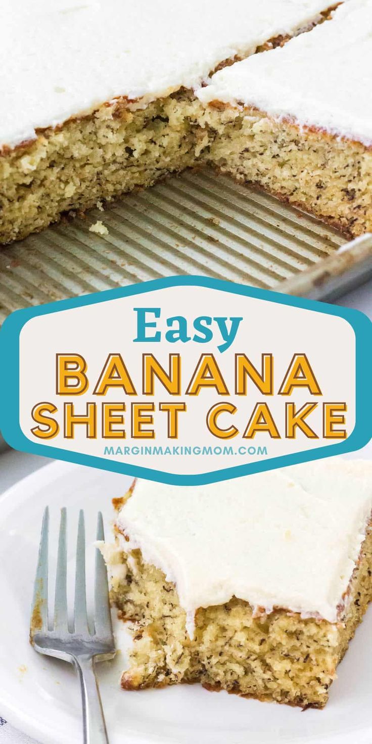 an easy banana sheet cake with white frosting on a plate next to a fork