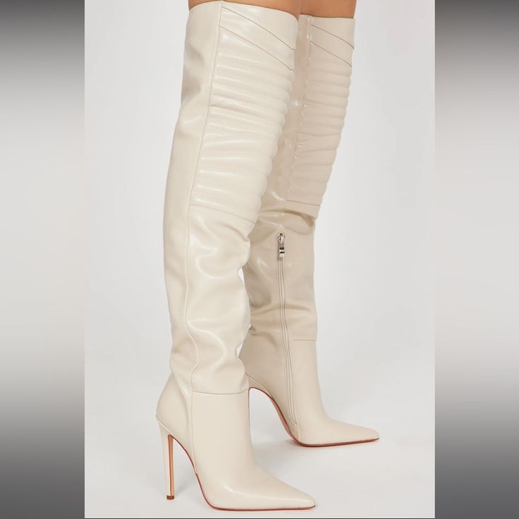 These Are New They Were Simply Worn For A Few Minutes Indoors For Shooting Purposes. True To Size 8.5 Cream Knee High Boots, Wish You Well, Fashion Nova Shoes, Side Zip Boots, Beautiful Boots, Shoes Heels Boots, Over The Knee Boots, Over The Knee, High Boots