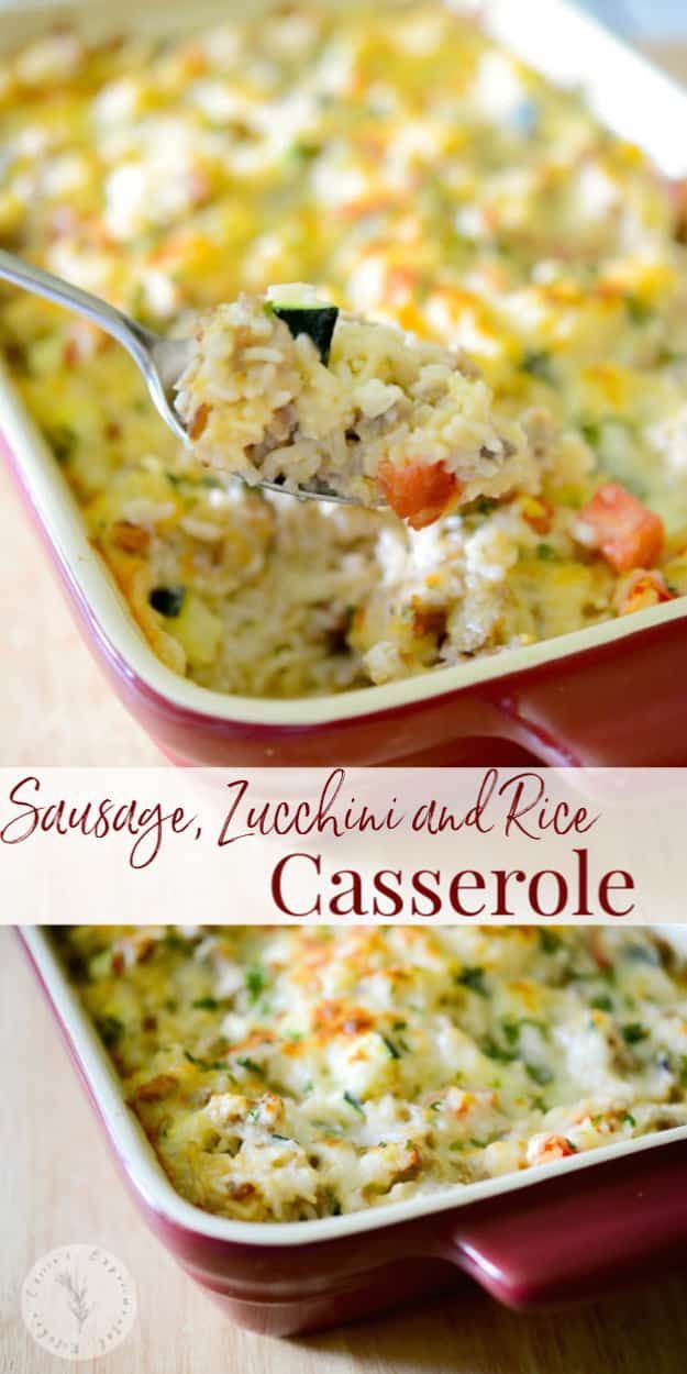 sausage zucchini and rice casserole in a red dish with a spoon