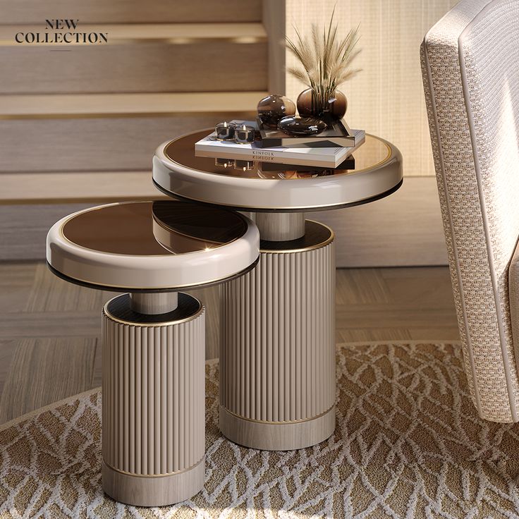 three nesting tables on carpeted floor next to white chair