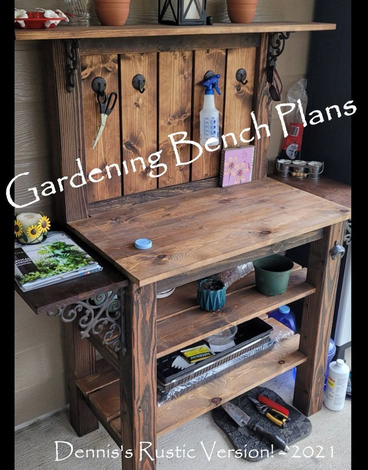 an old wooden bench with plants and gardening tools on it's shelf next to a potted planter