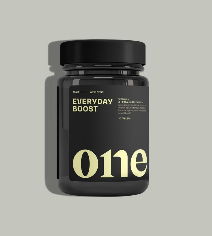 the jar of one everyday booster is shown on a gray background with an inscription that reads,