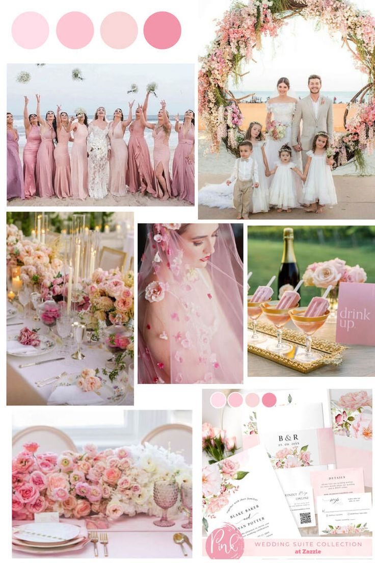 a collage of pink and white wedding colors