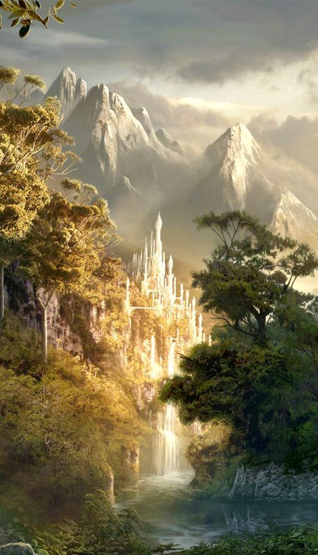 a poster with an image of a waterfall in the middle of a forest and mountains behind it