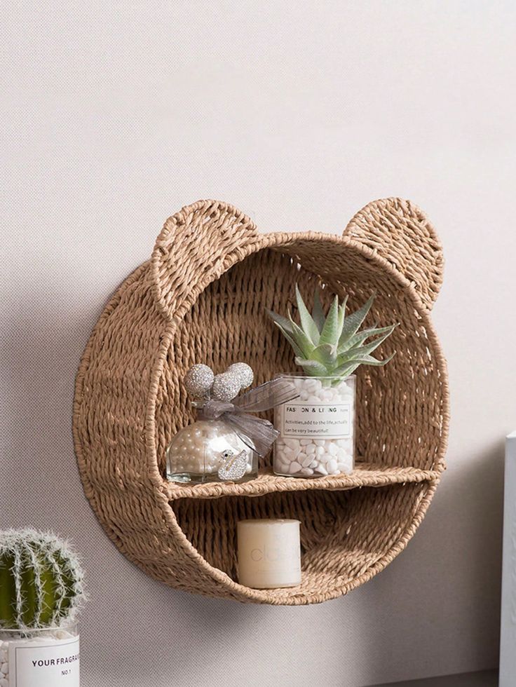 a rattan shelf with some plants and rocks on it next to a potted cactus