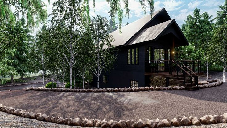 an artist's rendering of a small cabin in the middle of some trees and rocks