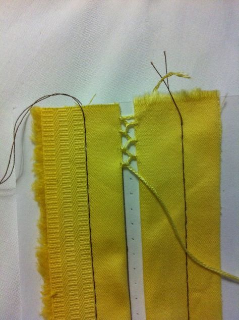 two pieces of yellow fabric are next to each other on a white surface with thread