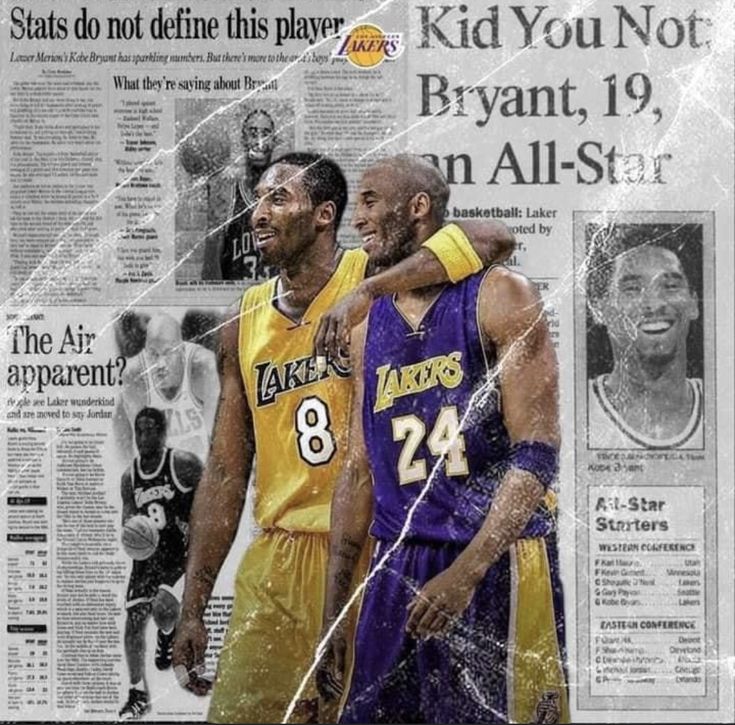 two basketball players standing next to each other in front of a news paper with newspaper clippings