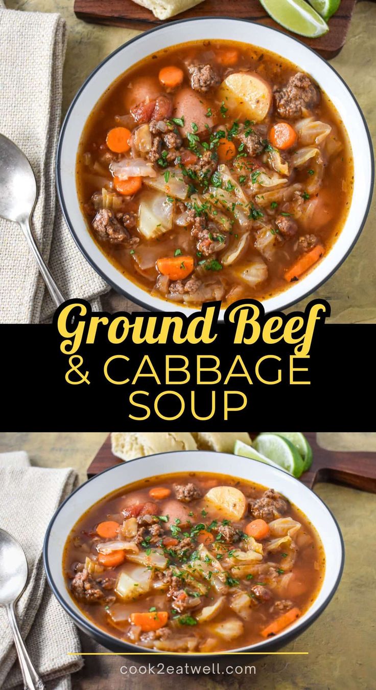 two bowls of ground beef and cabbage soup