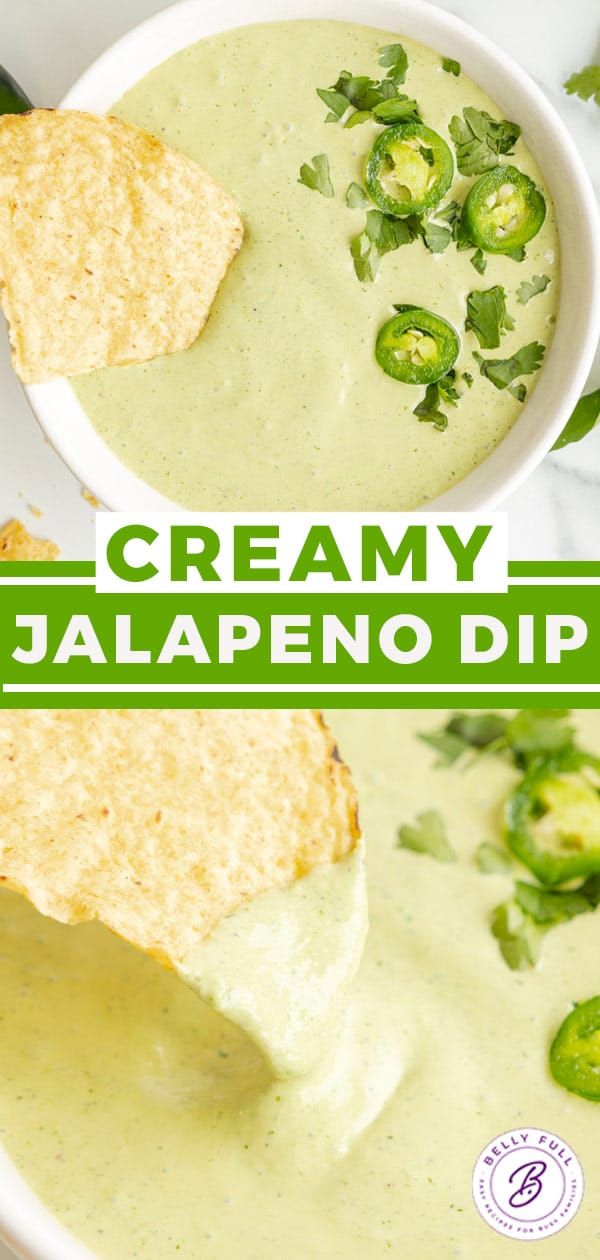 creamy jalapeno dip in a bowl with tortilla chips on the side