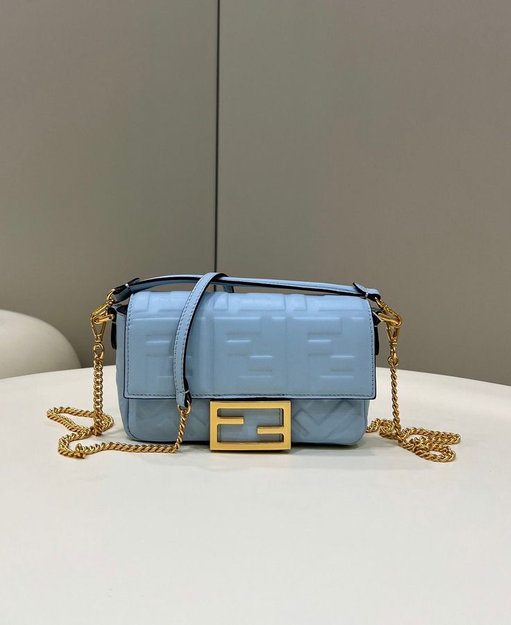 FI Baguette Blue For Women Fendi Baguette Mini, Mini Baguette Bag, Mini Baguette, Blue Leather Bag, Fendi Peekaboo, Fendi Baguette, Chic Bags, Luxury Products, Baguette Bag