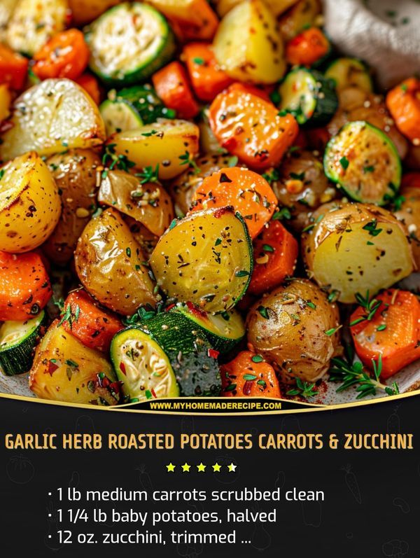 the recipe for garlic herb roasted potatoes and zucchini is shown on a plate