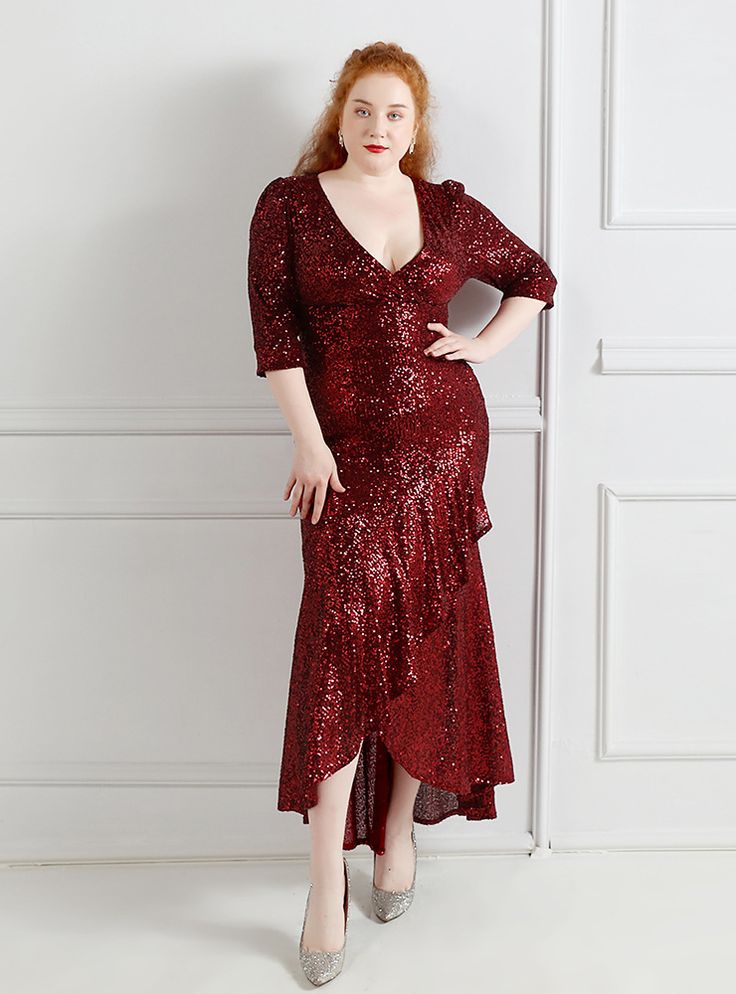 Silhouette:mermaid Hemline:floor length Neckline:bateau Fabric:tulle Shown Color:burgundy Sleeve Style:short sleeve Back Style:zipper up Embellishment:sequins Prom Dress Gold, Plus Size Prom Dress, Dress Half Sleeve, Sequined Gown, Fiesta Dress, Plus Size Prom, Mermaid Sequin, Led Dress, Sequin Evening Dresses