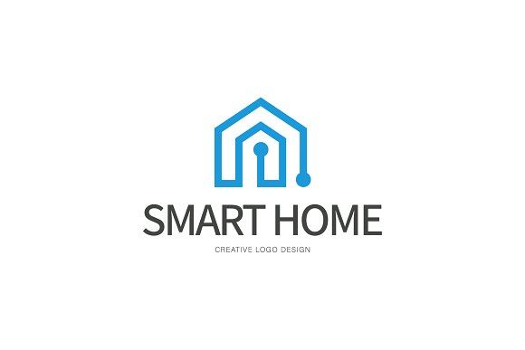 the smart home logo is shown in blue and gray colors, with an arrow pointing up to