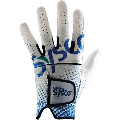 a white glove with blue and green letters on the palm, which says sisco