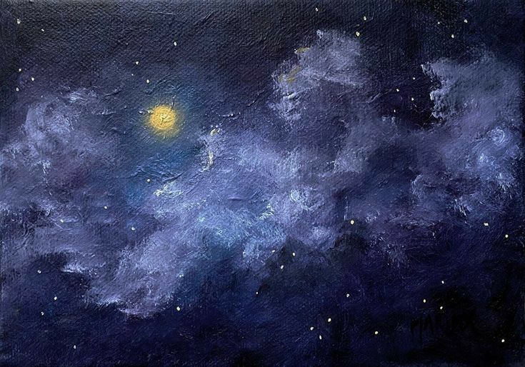 an oil painting of the night sky with stars and clouds