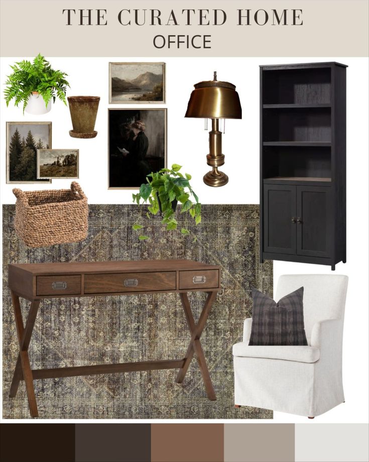 the color scheme for this home office is brown, white and green with black accents