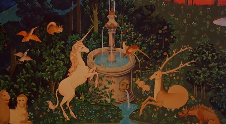 an artistic painting with animals and birds around a fountain