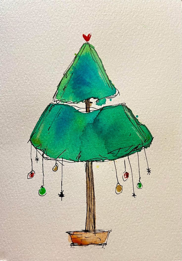 a drawing of a green christmas tree with ornaments hanging from it's base and a red heart on top