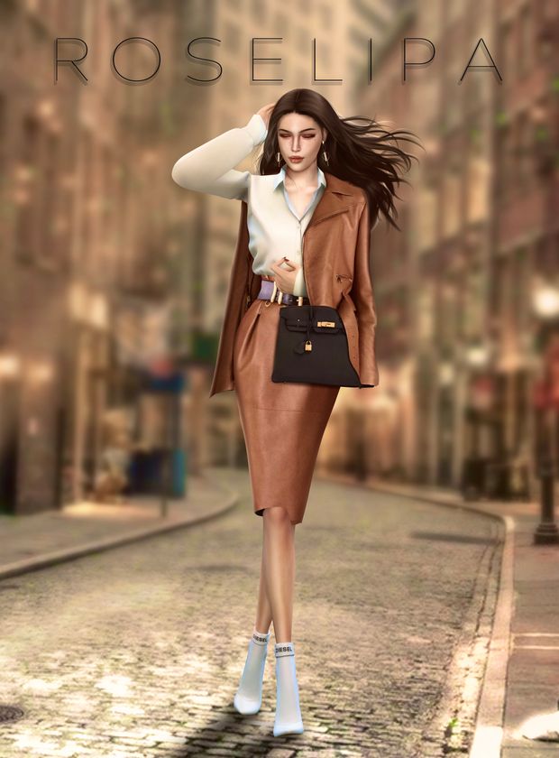 a woman is walking down the street with her hand on her head and wearing a brown coat