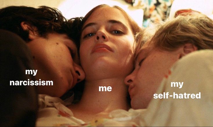 three children laying in bed with the caption my narcissismm me, my self - hated