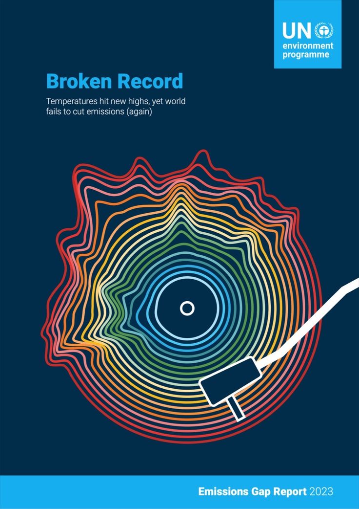 the cover of an environmental report on broken record, with a blue background and colorful swirls