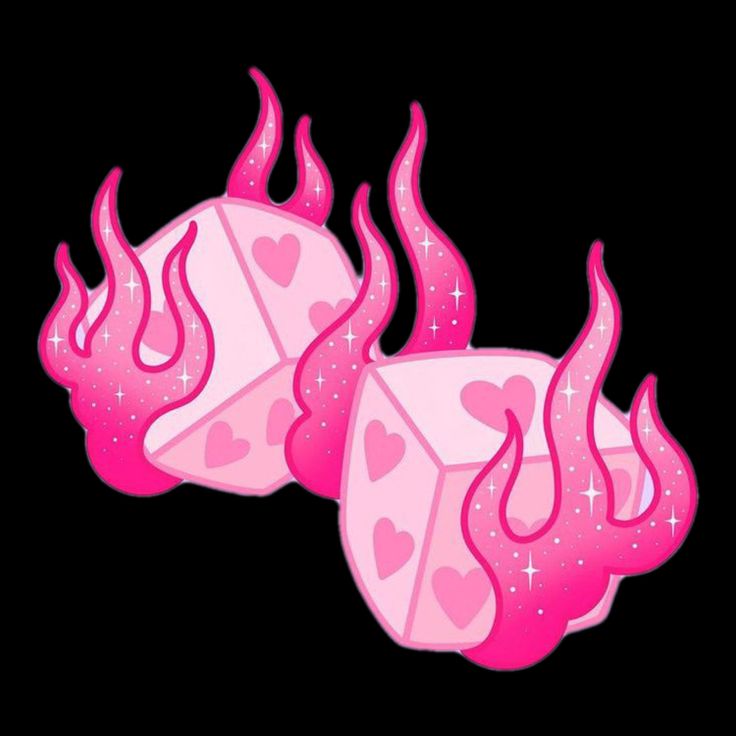 two pink dices with hearts on them and fire coming out of the top one