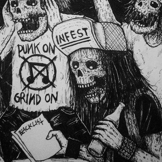 a black and white drawing of three creepy people with signs on their heads that read punk on invest grind on