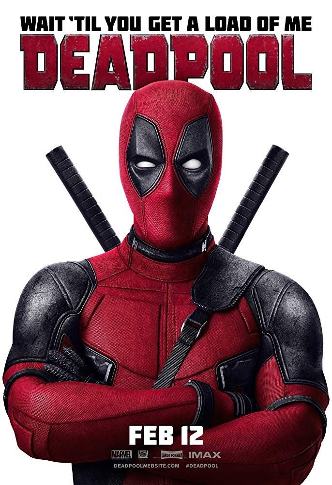 the poster for deadpool is shown with two swords in his hands and one arm crossed