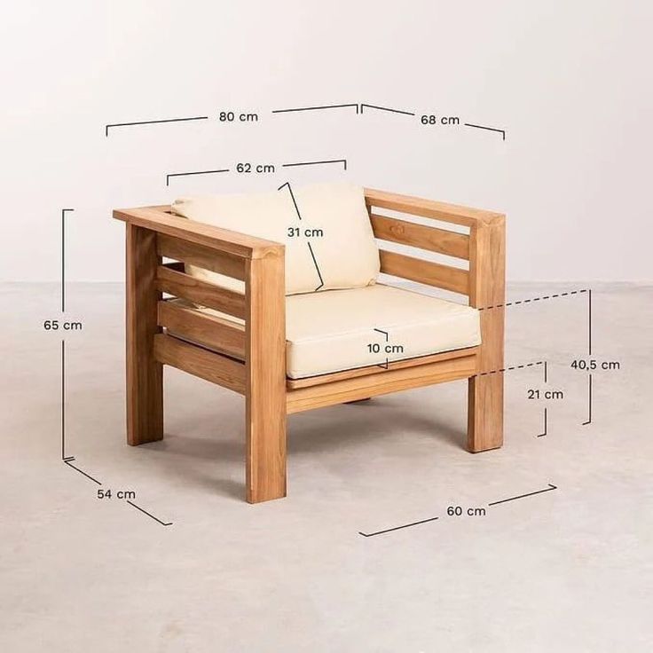 a wooden chair with measurements for the seat and armrests on concrete flooring