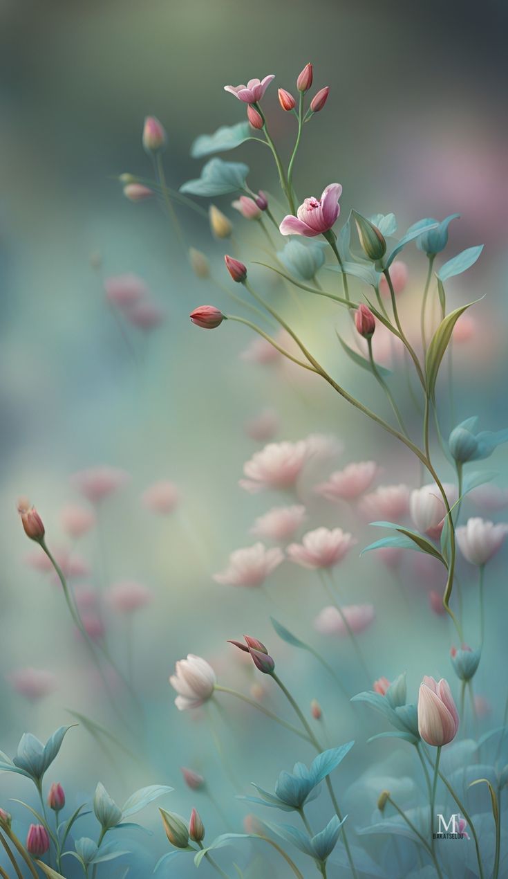 some pink and blue flowers are in the air on a blurry background with water