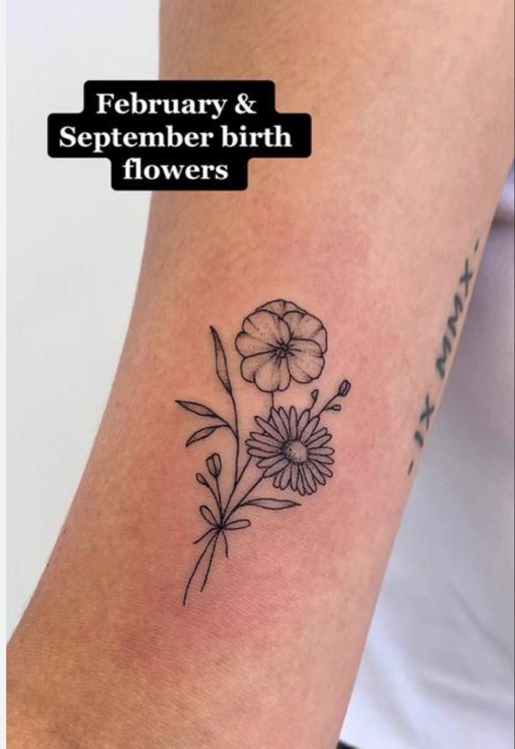 a woman's arm with flowers on it and the words, february & september birth flowers