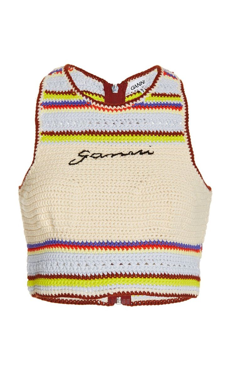 Crocheted Cotton Bikini Top By Ganni | Moda Operandi Ganni T Shirt, Danish Fashion, Crochet Swimwear, Sleeveless Tops, Iconic Women, Online Tops, Crochet Fashion, Swimwear Tops, Moda Operandi