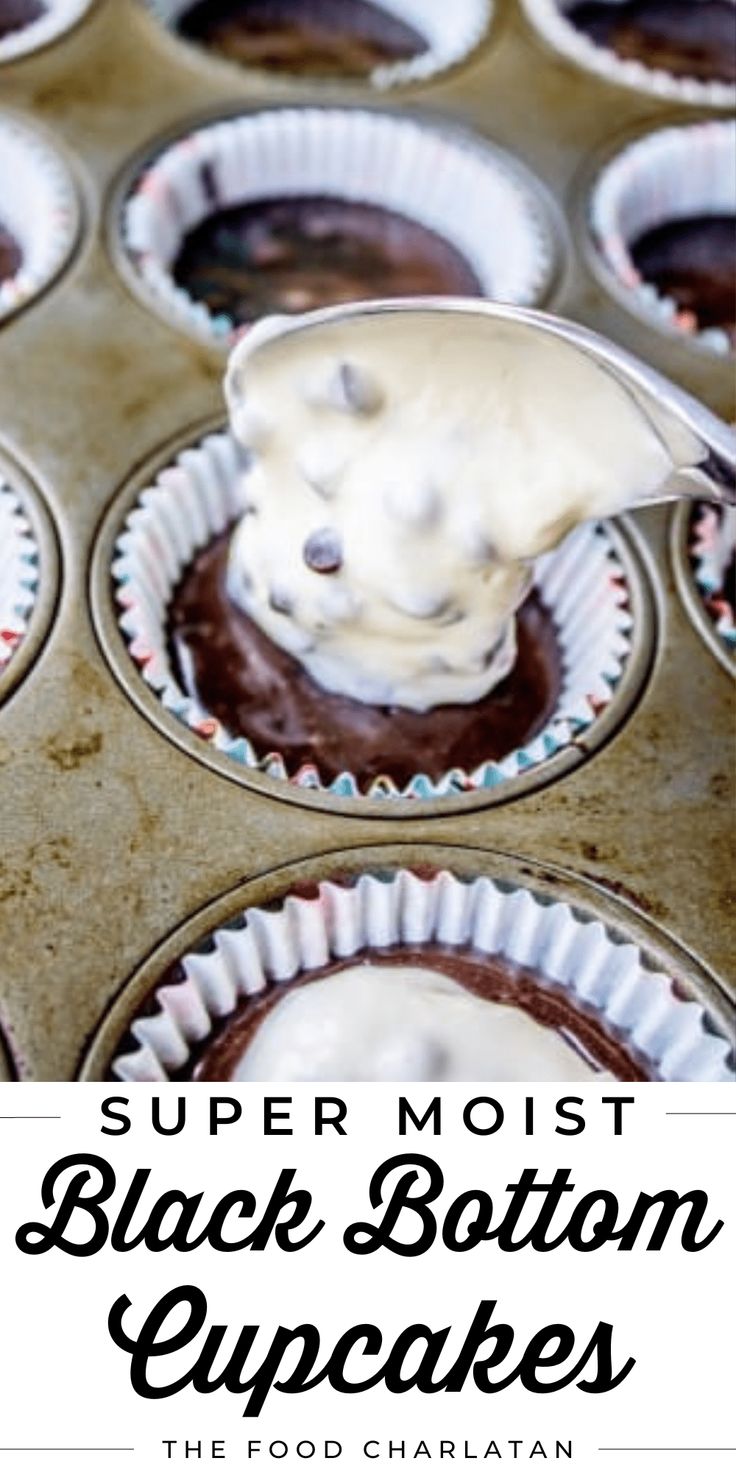 chocolate cupcakes with white frosting being drizzled on top in muffin tins