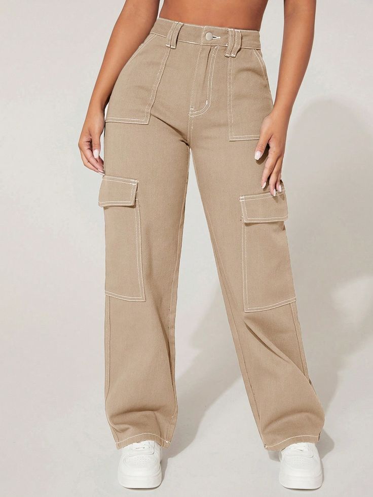 Women's Utility Pocket Straight Loose Casual Versatile Denim Jeans Khaki Casual   Denim Plain Straight Leg Non-Stretch  Women Clothing, size features are:Bust: ,Length: ,Sleeve Length: Flap Pocket Cargo Jeans, Beige Hose, Cargo Pants Style, Cargo Pants Outfit, Trendy Denim, Cute Pants, Jeans Cargo, Cargo Pants Women, Really Cute Outfits