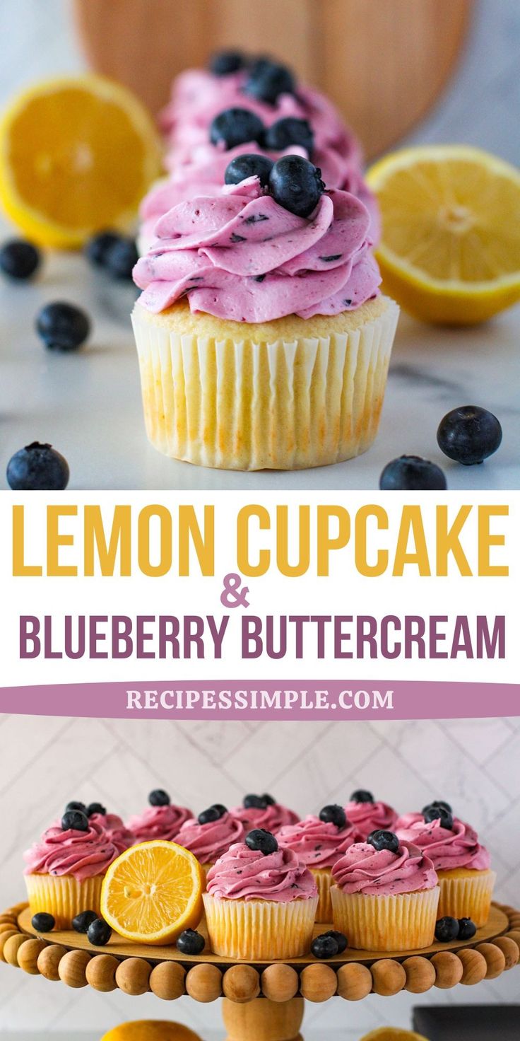 lemon cupcakes and blueberry buttercream on a cake stand