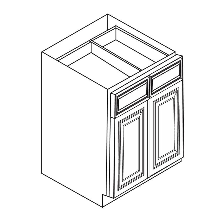 a line drawing of the base cabinet for an oven with doors and drawers on each side