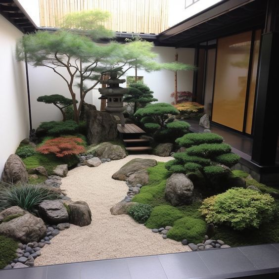 a japanese garden with rocks, grass and trees