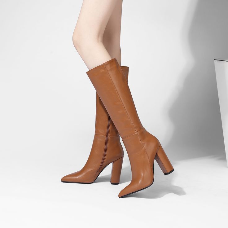 Shop Brown Pointy Toe Heeled Dress Mid Calf Boots Knee High Boot color Brown for  with worldwide Free shipping & Free return. Dancing Club, Boots Knee High, Pointy Toe Heels, High Heel Boots Knee, Boots Knee, Mid Dresses, Calf Boots, Mid Calf Boots, Shoe Size Chart