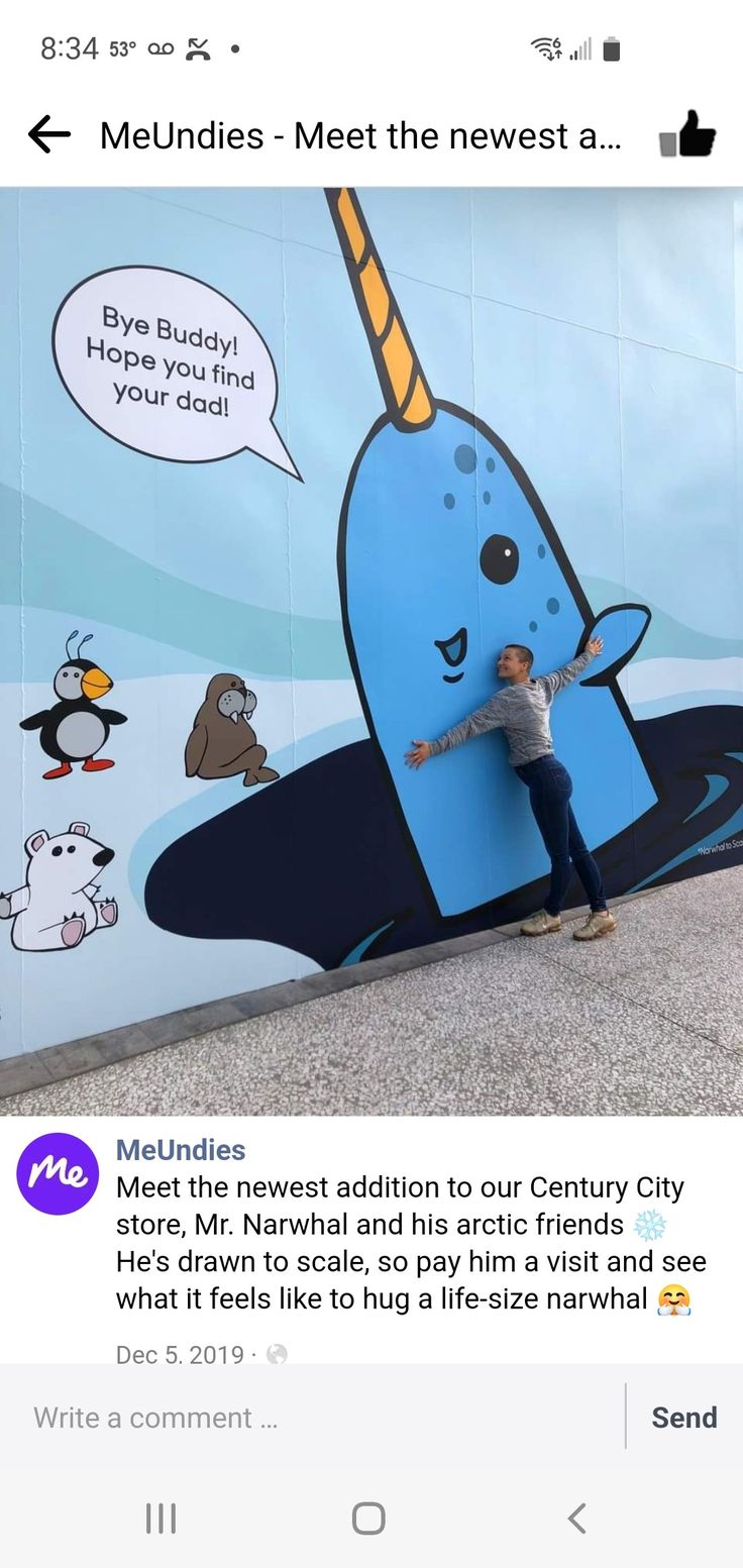 a person standing in front of a wall with cartoon images on it and an instagram message below