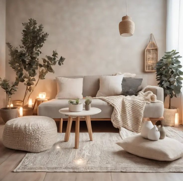 a living room with white furniture and candles on the walls, plants in vases