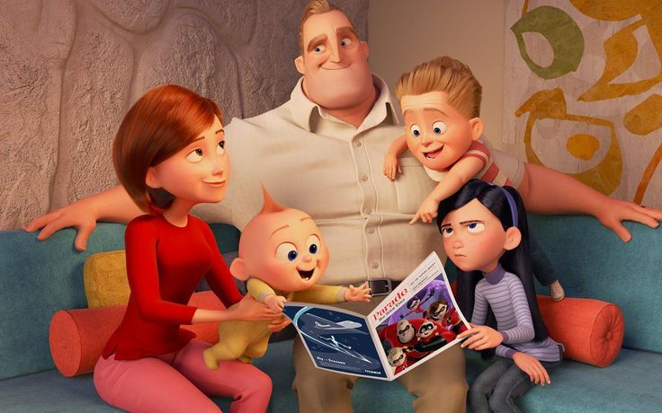 an animated family sitting on a couch with their arms around each other and reading a magazine