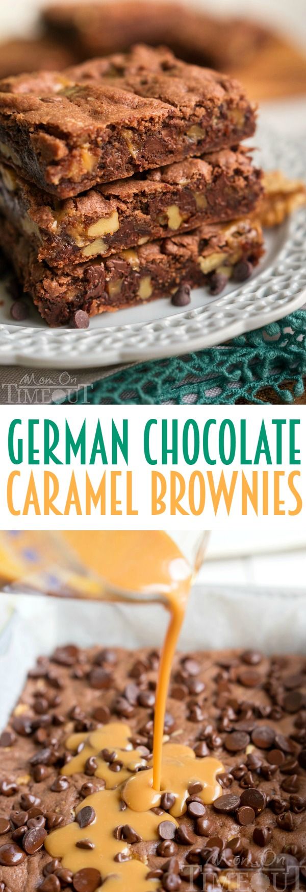 german chocolate caramel brownies are stacked on top of each other