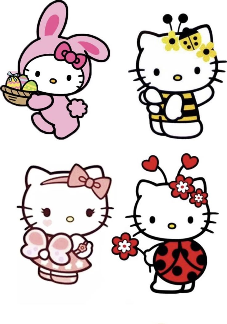 four hello kitty stickers on a white background