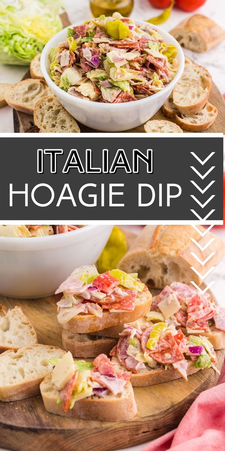 the italian hoagie dip is ready to be served with bread and salads