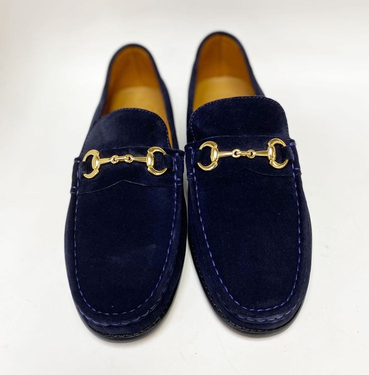 Style: 6444S-Navy Exclusive for C & E Shoes, this Beautiful slip-on Loafer from Pelle in Supple Suede features soft Calfskin lining, Goldtone Horsebit Buckle, a clean welt, and a full Leather Sole! This style is great for our customers with Wide feet. Elegant Blue Slip-ons For Work, Navy Loafers With Leather Sole For Work, Navy Suede Loafers For Formal Occasions, Elegant Navy Formal Loafers, Classic Blue Loafers With Suede Lining, Formal Blue Loafers With Suede Lining, Navy Business Loafers With Rubber Sole, Navy Business Loafers With Round Toe, Classic Navy Loafers With Leather Sole