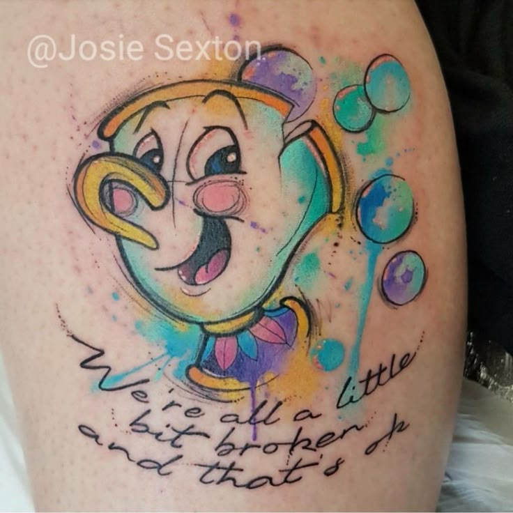 an image of a cartoon character tattoo on someone's thigh that says, we are all little but brothers and sisters