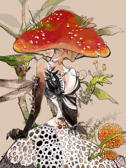 a drawing of a woman sitting on top of a mushroom